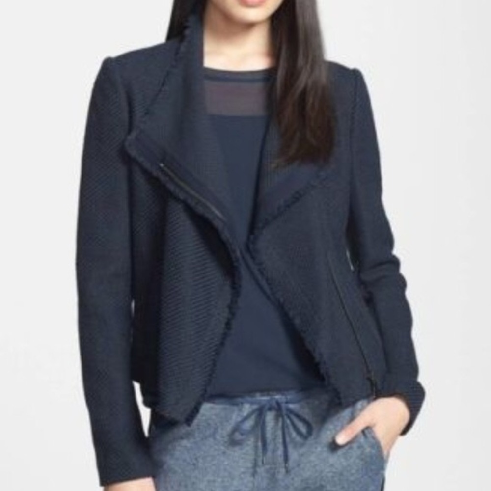 Vince Tweed Scuba Jacket Frayed Edge Asymmetrical Zip Cotton Blend Women Size M